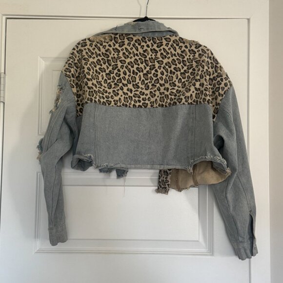 Small Cropped Distressed Jean Jacket with Cheetah Print Accent - Picture 2 of 4